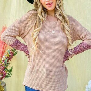 And The Why Button Detail Printed Sleeve Waffle Knit Top